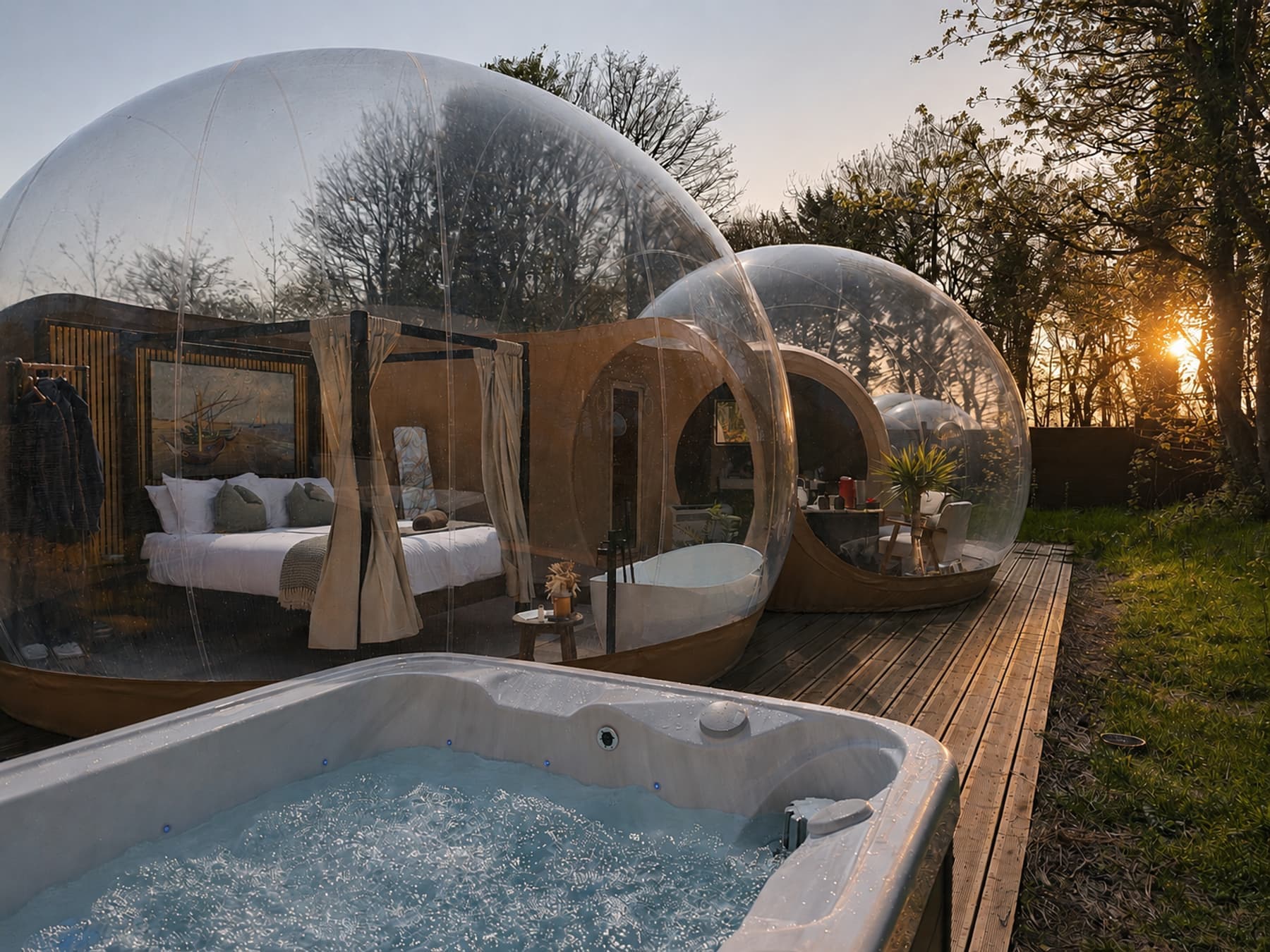 A private hot tub beside a transparent bubble dome at dusk on the Cromore Estate