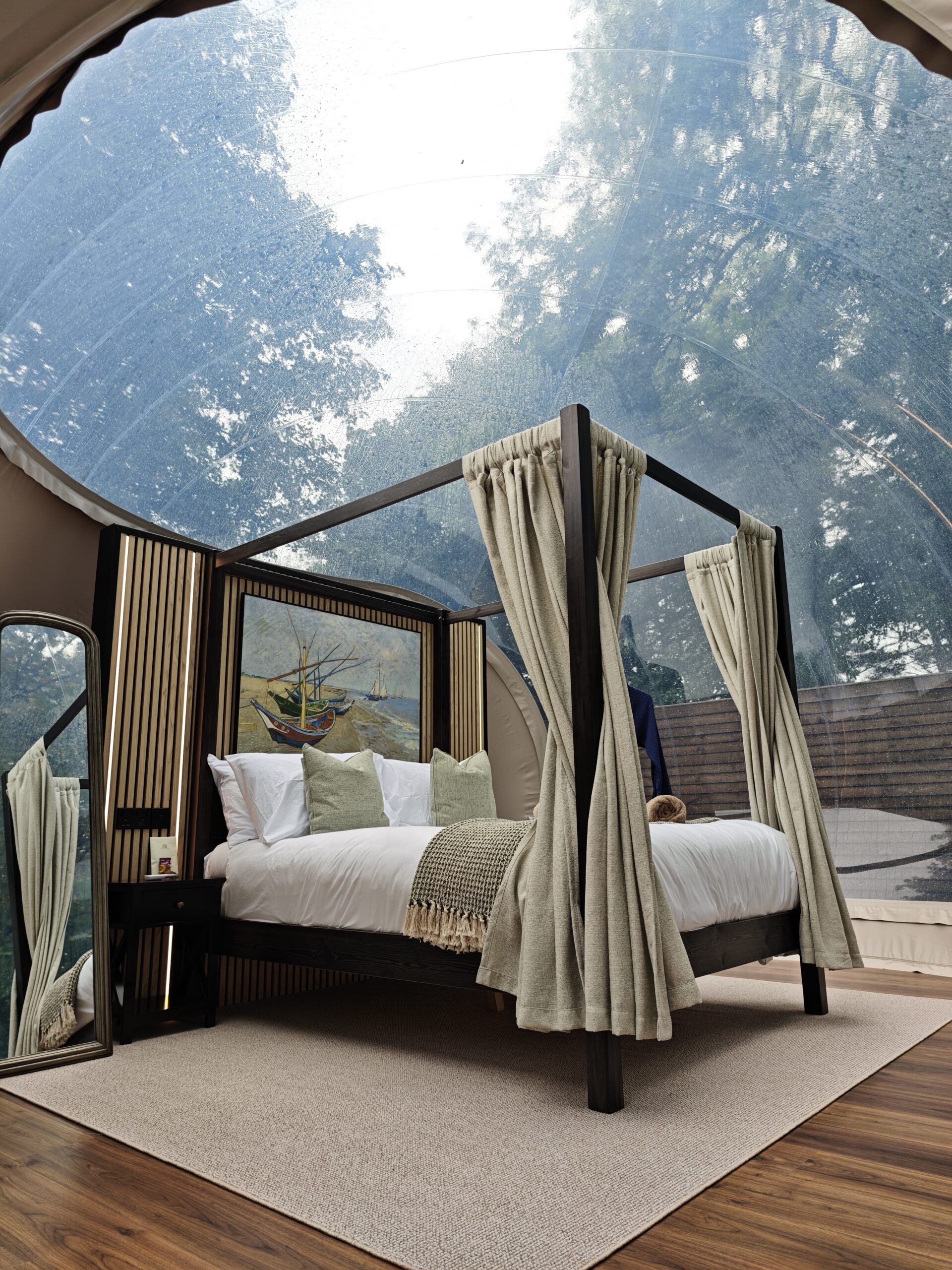 aerial view of cromore bubble domes private premium suites showing bedroom bathroom and living room. 
