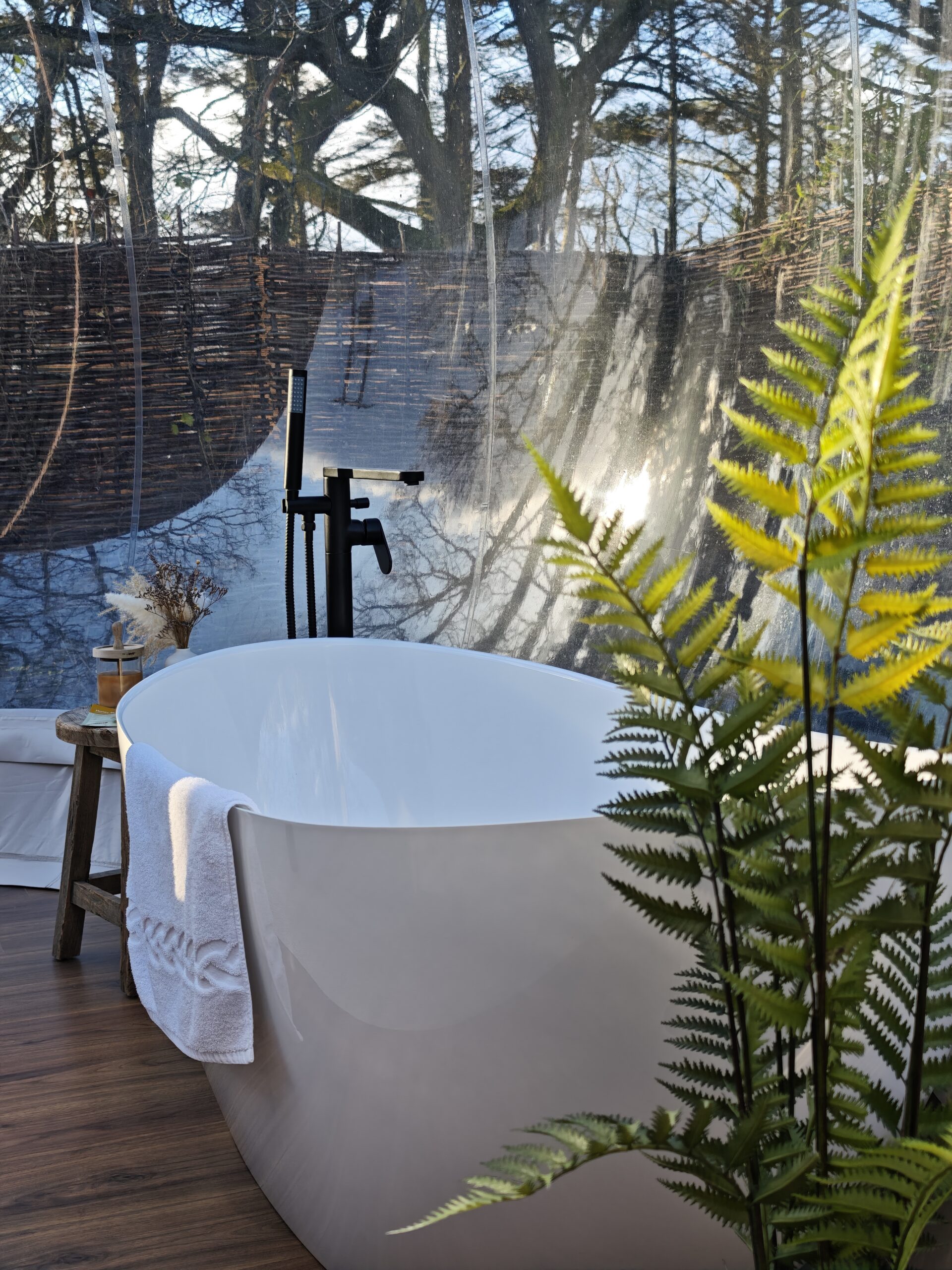 aerial view of cromore bubble domes private premium suites showing bedroom bathroom and living room. 